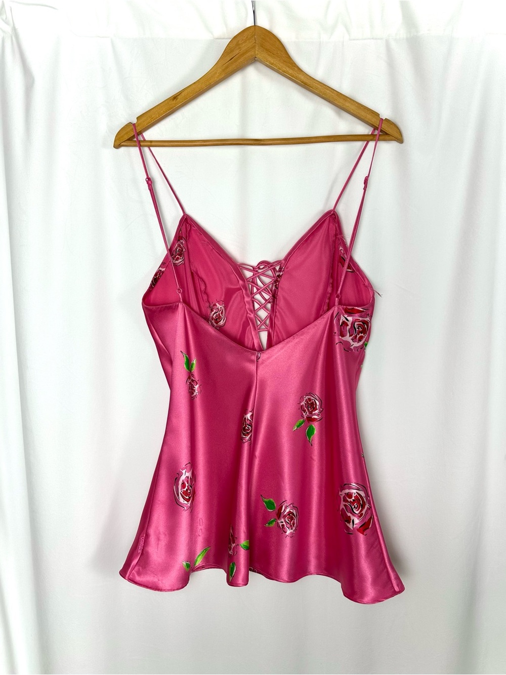 Vintage La Senza Pink Satin Rose Lace Up Babydoll Camisole Y2K Medium - Picture 16 of 16